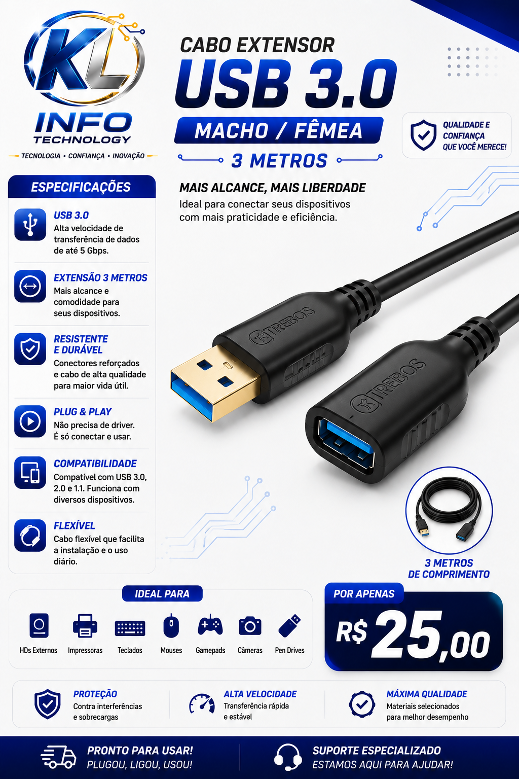 Cabo Extensor Extensão Usb 3.0 3 Metros Macho/fêmea