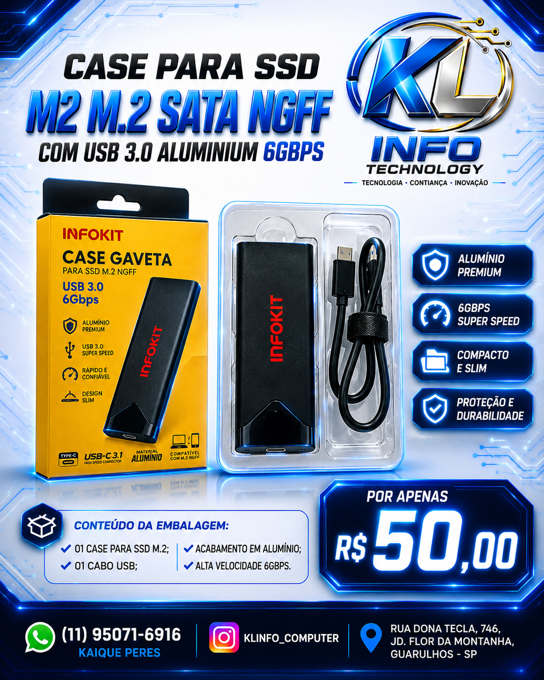 Case Para Ssd M2 M.2 Sata Ngff Com Usb 3.0 Aluminium 6gbps