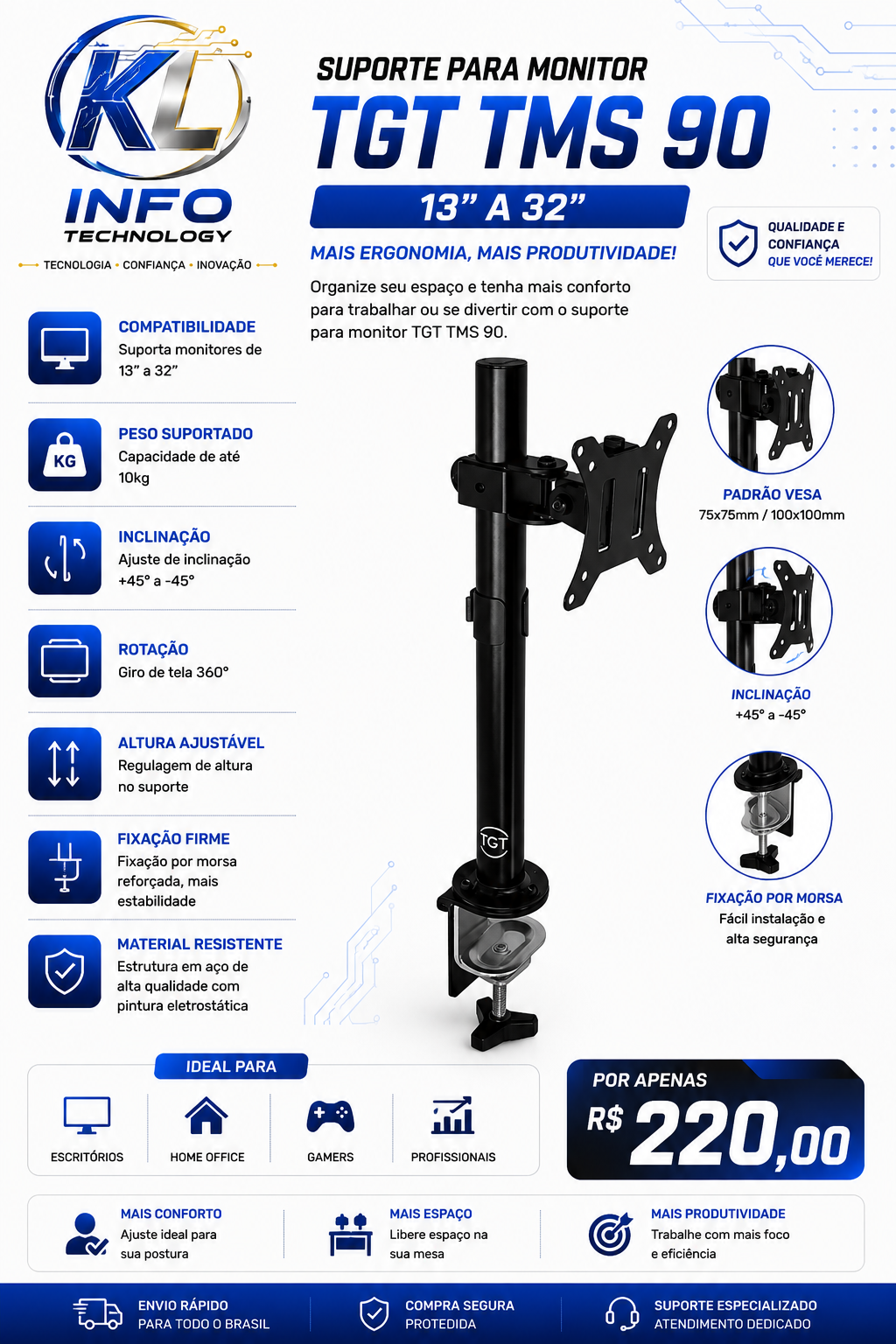 Suporte Para Monitor Tgt Tms 90, 13 Pol. A 32 Pol., Preto